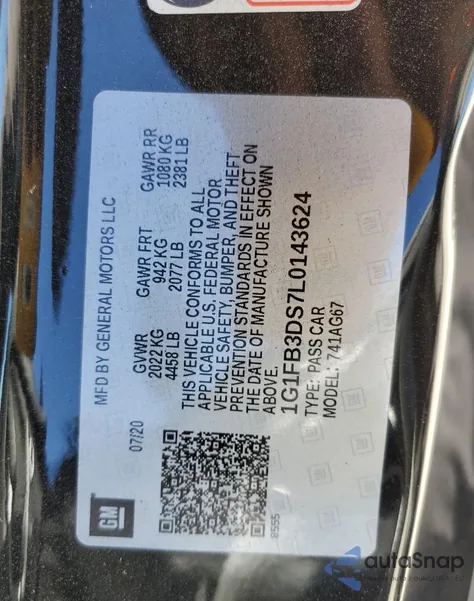 2020 Chevrolet Camaro Ls z USA, uszkodzony, nr VIN 1G1FB3DS7L0143624